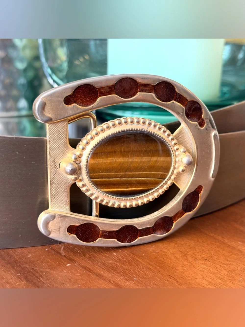 Vintage Brass Horsehoe Tiger's Eye Belt Buckle